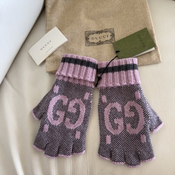 NWT Gucci Cashmere Gloves Pink Grey GG Fingerless Size L 100% Authentic - Picture 3 of 8